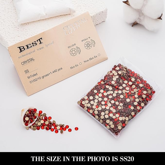 Novani Red Rhinestones 1440pcs Flat Back Round Rhinestone Style 2088 Sparkly Crystal Gemstones for Nail Art and Crafting SS20,4.6-4.8mm