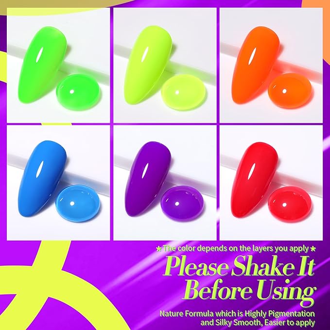 Born Pretty Neon Gel Nail Polish Spring Summer Bright Rainbow Colorful Fluorescent Gel Polish Yellow Green Blue Purple Red Orange Color Gel Nail Polish Collection Gift 6PCS