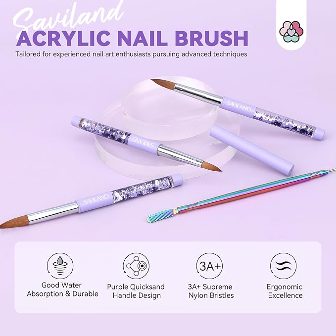 SAVILAND Kolinsky Acrylic Nail Brush Set: Sizes 6,10,14 - Professional Tool for Acrylic Powder Application & 3D Nail Art