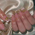 White French Tips Press on Nails - Medium Square False Nails - Gold Bow Charm Design Gold Rhinestone Glue on Nail Nude Pink Stick on Nails Glossy Summer Fake Nail for Women Manicure 24Pcs