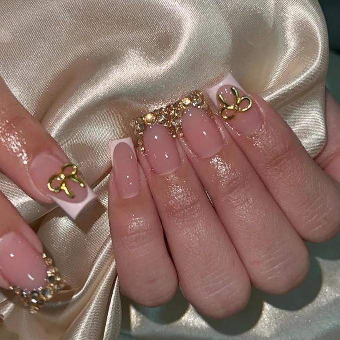 White French Tips Press on Nails - Medium Square False Nails - Gold Bow Charm Design Gold Rhinestone Glue on Nail Nude Pink Stick on Nails Glossy Summer Fake Nail for Women Manicure 24Pcs