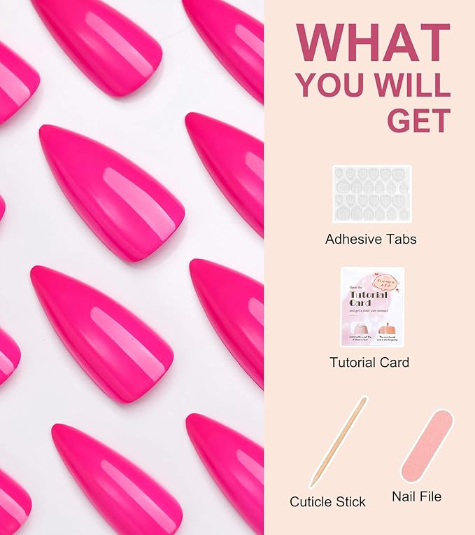 Morily 24Pcs Press on Nails Medium Hot Pink Fake Nails Stiletto Glossy False Nail Tips Artificial Full Cover Stick on Nails for Women