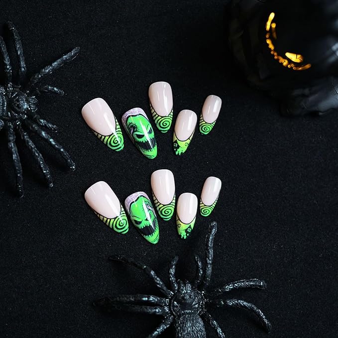 Halloween Green Press on Nails, Glossy Almond Fake Nails, French False Nails with Green Big Eye Monster & Swirl Designs, Full Cover Acrylic Stick on Nails for Women Girls Daily Wear 24 Pcs