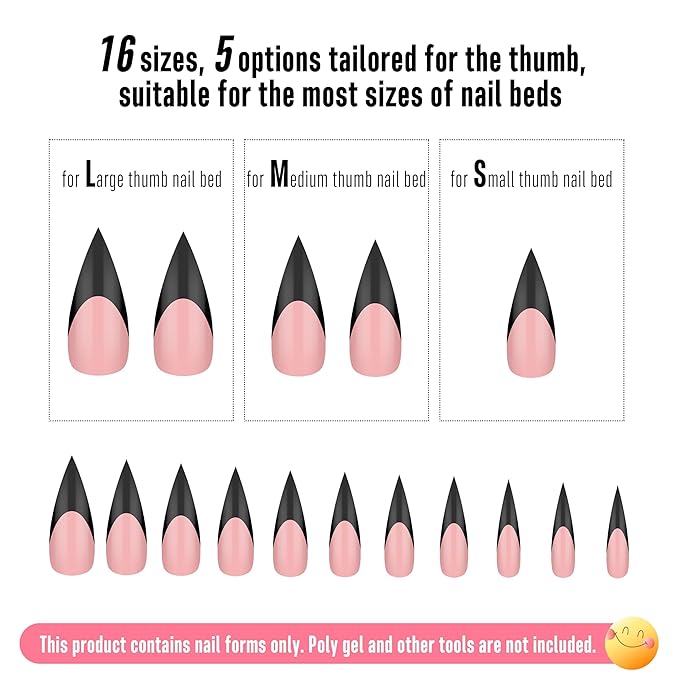 NOVO OVO Black French Tip Long XL Sharp Stiletto Nail Tips Press on BABY PINK, Soft Gel Double Matte Fake Nail Extension, Full Cover False Nails for Acrylic DIY x 16 Sizes 160 pcs