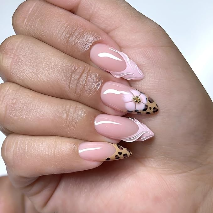 French Tip Press on Nails Almond Fake Nails Leopard Print False Nails Flower Nails Press Ons with Rhinestones Design Nude Glue on Nail Glossy Stick on Nail for Women Decoration Set 24Pcs
