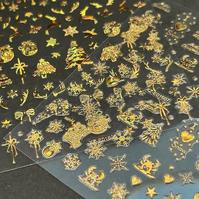 12 Sheets Christmas Nail Art Stickers Holographic Christmas Nail Stickers Gold Xmas Tree Candy Bow Snowflake Elk Nail Decals 3D Self Adhesive Nail Art Supplies for Women Girls