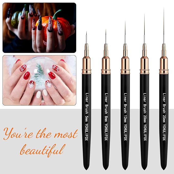 Metallic Nail Art Brushes，Nail Liner Brush Set，5PCS Nail Art Tools for Long Lines,Fine Drawing,Thin Details,Liner Brush Painting Art Design Nail Art Tool Sizes5/8/12/20/25mm，Black