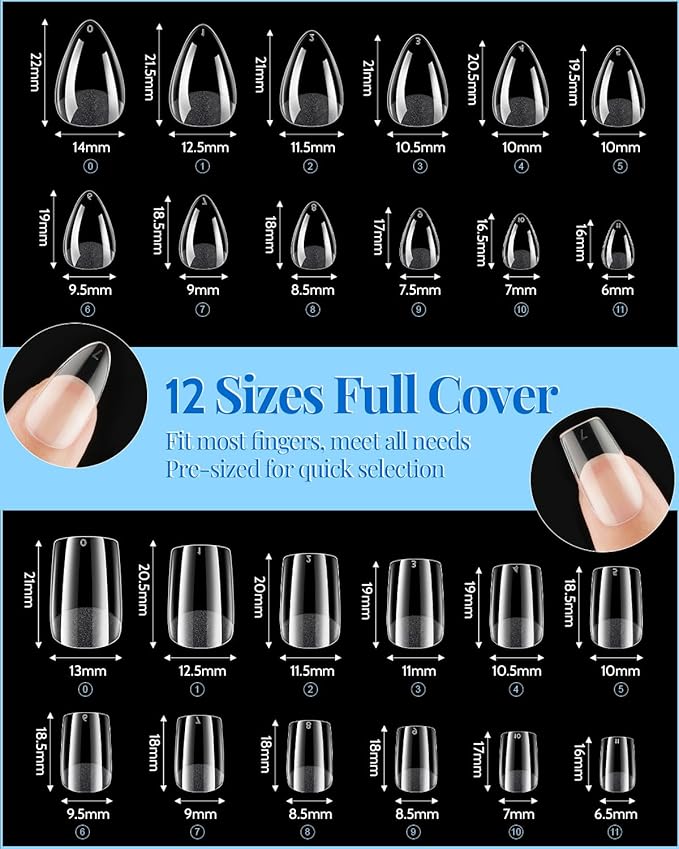 Short Square Nail Tips & Almond Nail Tips, 480 Pcs Clear Fake Nails with Glue, Full Cover Acrylic Nails with Files and Cuticle Fork for Salons and Home DIY