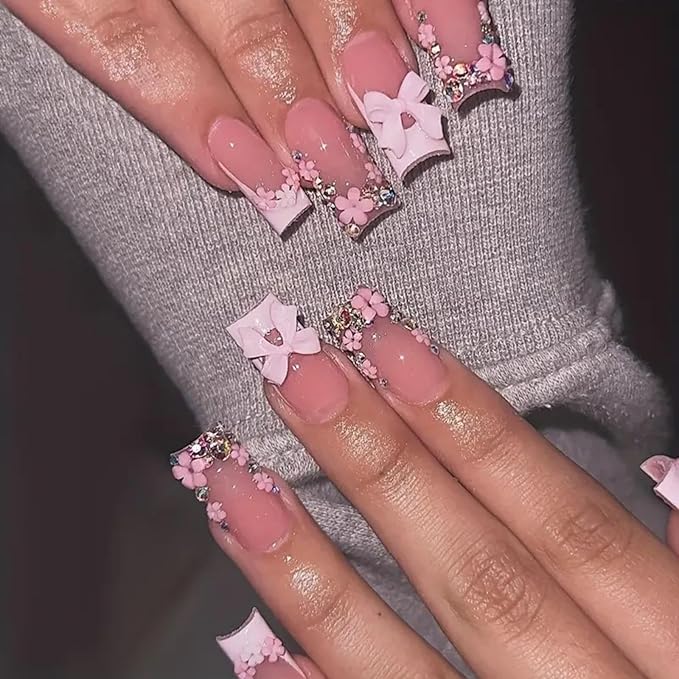 Long Press on Nails 3D Flower Fake Nails Square with Bow Charms Design Rhinestones French Tips Glue on Nails Spring False Nails Summer Nails Glossy Reusable Full Cover Manicure for Women 24PCS