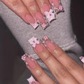 Long Press on Nails 3D Flower Fake Nails Square with Bow Charms Design Rhinestones French Tips Glue on Nails Spring False Nails Summer Nails Glossy Reusable Full Cover Manicure for Women 24PCS