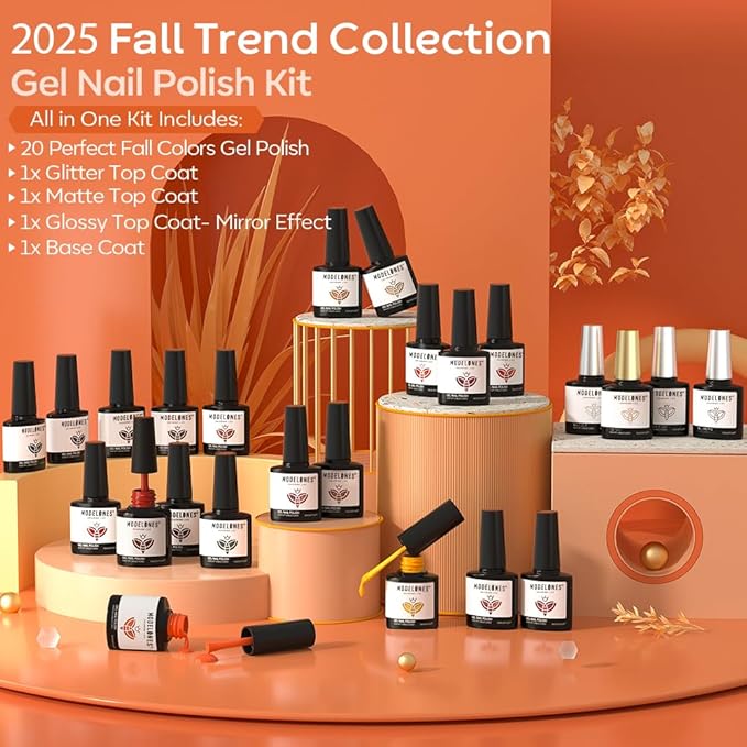 modelones 20 Colors Gel Nail Polish Kit, Fall Winter Gel Polish Set Soak Off Nail Polish Kit with Glitter, Glossy and Matte Top Base Coat DIY Manicure at Home