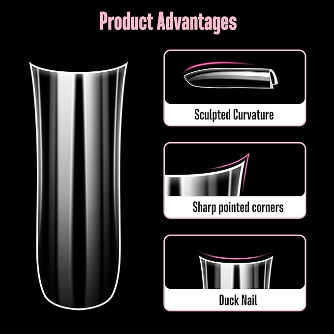 NOVO OVO Long Duck Nail Tips Full Cover Gel X Sculpted (not Natural) Soft Gel Duck Nails Tips with Moon Curve for Deep C-Curve Beds, Extra Thick Flare Tips, Transparent Clear, 15 Sizes 240 Pcs