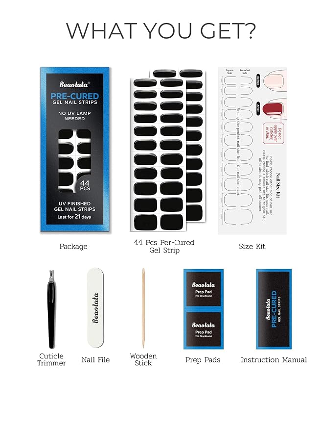 Pre Cured Gel Nail Strips - 44PCS Salon Quality Gel Nail Stickers - Long Lasting Polish Wraps for Women no UV Light Needed Easy Apply& Remove (Obsidian Black)