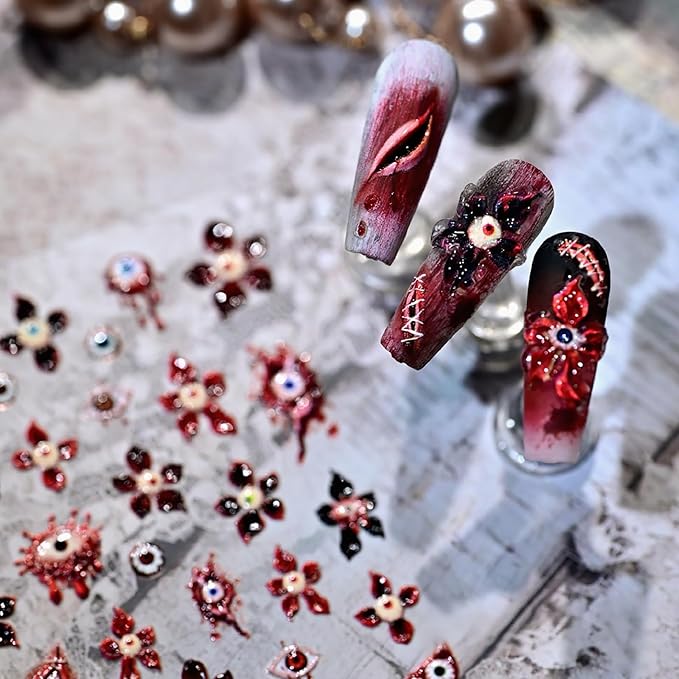 1 Sheet Halloween Nail Stickers 3D Self Adhesive Flower Eyes Nail Art Stickers 5D Embossed Devil's Flower Nail Decals Glossy Red Black Nail Design Holiday Nail Art Supplies for Women Girls