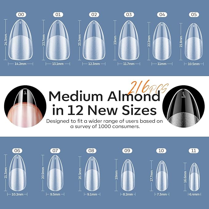 modelones Medium Almond Gel Nail Tips Kit, 9-in-One Nail Glue with Portable U V Lamp 216Pcs 12Sizes Pre-Etched Press ons Fake Acrylic Extension Kit DIY Salon Gift for Women
