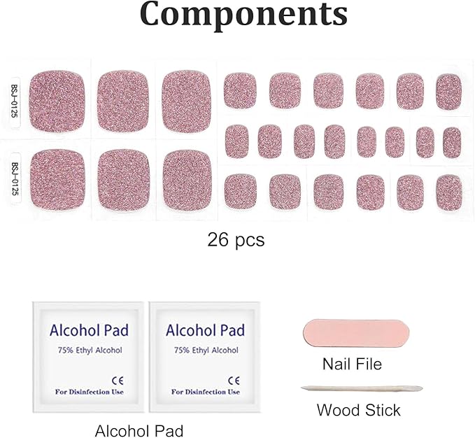 26 Pcs Semi Cured Gel Toe Nail Strips Pink Glitter Gel Nail Stickers Full Cover Pink Nails Wraps Self Adhesive Toe Nails Polish Strips Stickers for Women UV/LED Light Required