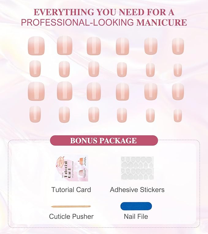 24pcs Short Press On Nails - Ombre Square Stick On, French Glue On with Jelly Sticker, Fake Nails Kit in 12 Sizes
