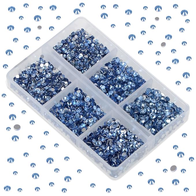 LPBeads 6000 Pieces Lt Sapphire Non Hotfix Rhinestones 6 Sizes Round Crystal Glass Flat Back Rhinestones with Tweezers and Picking Pen for Nail Art Crafts Clothes Bags DIY
