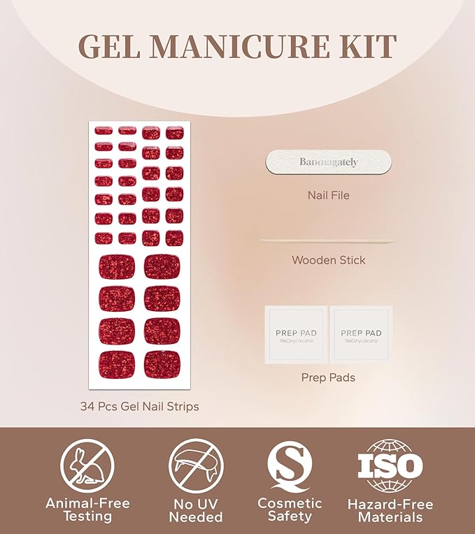 Toe Gel Nail Stickers - 34PCS Salon Quality Wraps no UV Light Needed - Long Lasting Toe Nail Polish Strips for Women (Rose Red)