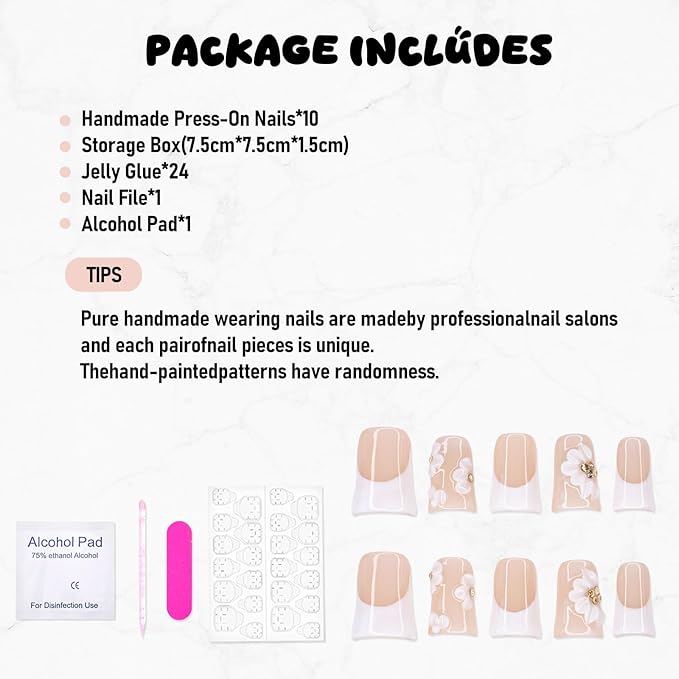 Duck Press on Nails Short Handmade 3D Unique Flower Fake Nails White French Tip False Nails with Designs Thick and Muti-Layer Gel Acrylic Nails Glossy Glue on Nail for Women (Size S)