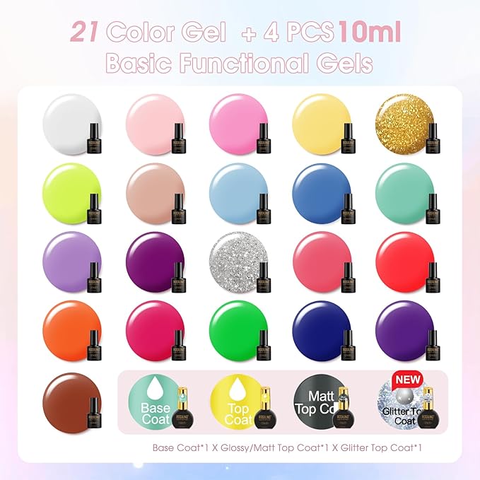 ROSALIND 25pcs bright Gel Nail Polish Set 21 colors Pastel Pinks Neon Rainbow gel polish with 10mL 4pcs Base & Top Coat， Soak Off U v DIY Salon Nail Gel Gift for Women