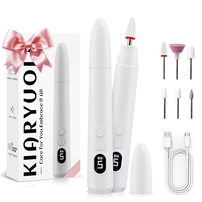 Cordless Electric Nail Drill Kit, Portable Rechargeable Nail Drill Set, Battery Electric Nail File, 5 Speeds Modes, LED Lighting, Reversible Direction, DIY, Professional (White)