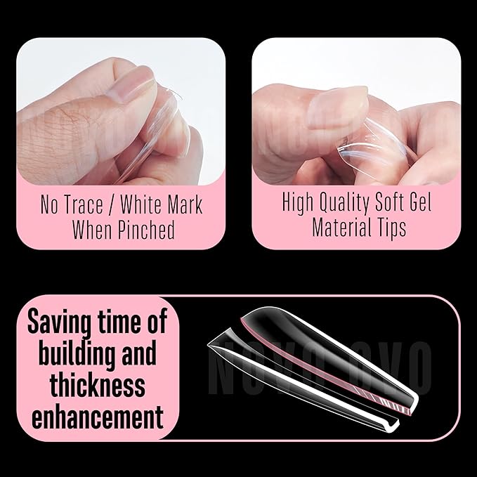 NOVO OVO Long Coffin Nail Tips NATURAL (Not SCULPTED) for Flat Nail Beds, Extra Thick L Length False Nails Press on, Full Cover Soft Gel Fake Nail Extension, Salon DIY x 15 Sizes 450 pcs