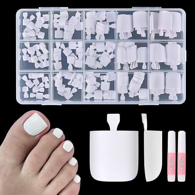 White Toe Nail Press On with 2 Nail Glue, 150pcs Square French Toe Nail Press Ons, 15 Sizes Thick Soft False Toenail Extension, Pink Full Cover Acrylic for Nail Art DIY