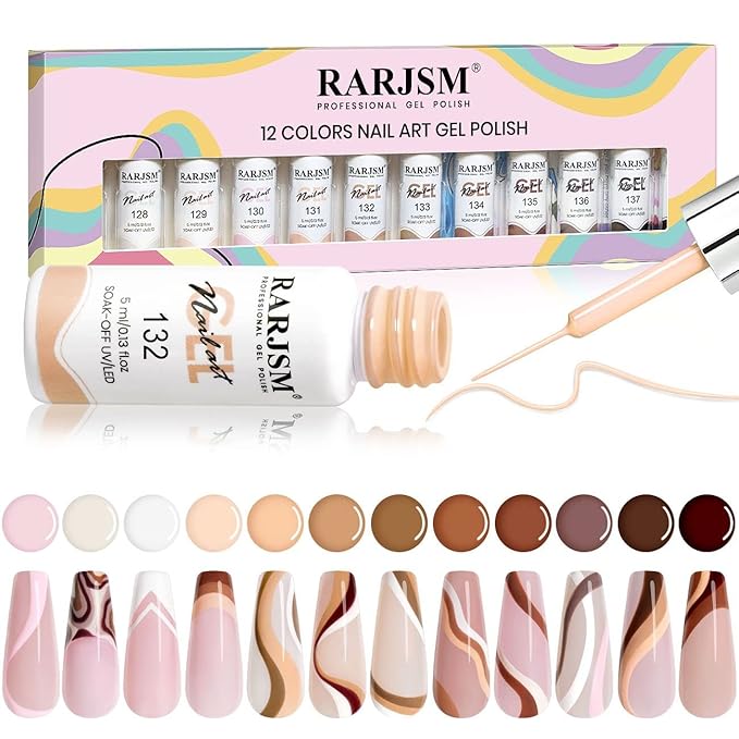 RARJSM Gel Paint for Nail Art Nude Liner Gel Nail Polish Set 12 Colors 5ml Pink Brown Line Art Gel Polish Build in Thin Sharp Brush for Swirl Nails Striping Painting Gelpolish Soak Off Curing Requires