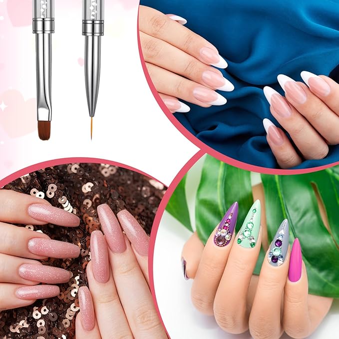 2PCS Double Ended Nail Builder Gel Brush French Tip Brush Hard Gel Brushes Nail Liner Brush Rhinestone Handle Nails Art Brushes for Nails Design Professional NailArt