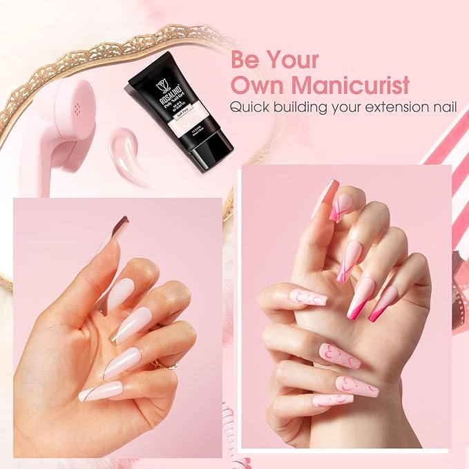ROSALIND Soft Pink Poly Nail Gel, 2 oz Poly Extension Gel for Nail Art, Nail Thickening Extension Easy to DIY, Pink Nails Enhancement Need UV Lamp(Update Version