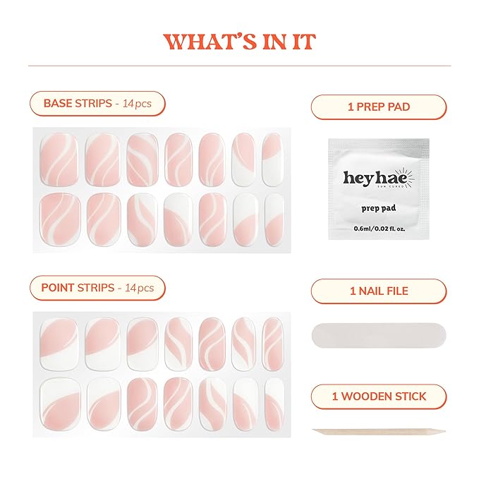 Heyhae Semi Cured Gel Nail Strips | No LED Lamp Needed | French, Pink, Spring | Easy Apply & Remove, Salon Quality | Includes 28 Strips, 1 Prep Pads, Nail File & Wooden Stick - Hey, It's Glam Night