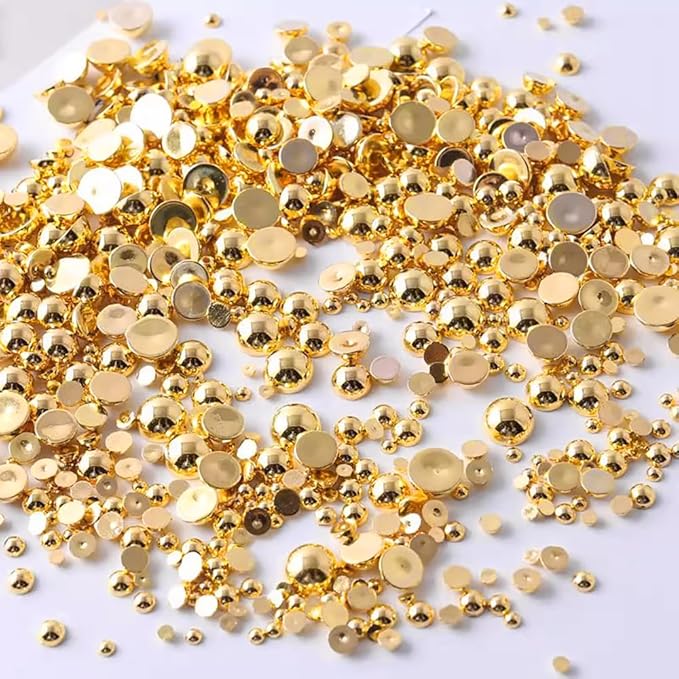 Flatback Silver & Gold Beads for Nail Gems with Pickup Pencil and Tweezers, Half Round Flatback Nail Gold Beads, Pearl Rhinestones for Nail Charms Face gems Nail Art Face Makeup and Manicure Decor