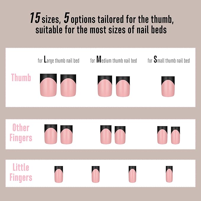 Black French Tip Short Straight Square Nail Tips Press on, BABY PINK Extra Thick NEED Soft Gel Nail Extension, Need Builder gel & Top,Coat Full Cover False Nails, for DIY x 15 Sizes 150 pcs