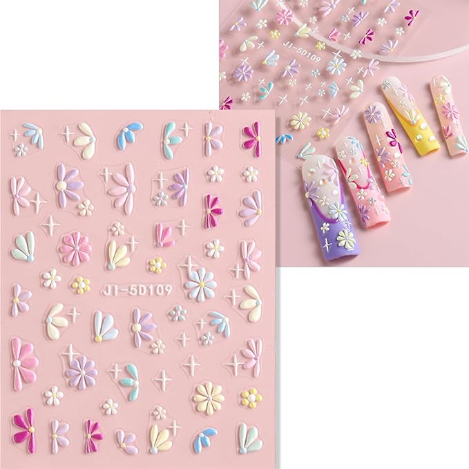Nail Stickers, 5 Sheets Self-Adhesive Nail Art Decals, Floral & Leaves Designs for Manicure Decorations