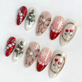 30Pcs Christmas Press on Nails Medium Almond French Tip Fake Nails Xmas Trees Flower False Nails with 3D Pearl Red Gems Gilding Bow Design Full Cover Glue on Nails Artificial Stick on Nail for Women