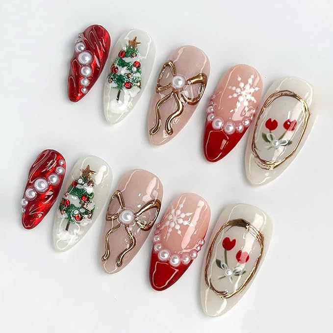 30Pcs Christmas Press on Nails Medium Almond French Tip Fake Nails Xmas Trees Flower False Nails with 3D Pearl Red Gems Gilding Bow Design Full Cover Glue on Nails Artificial Stick on Nail for Women