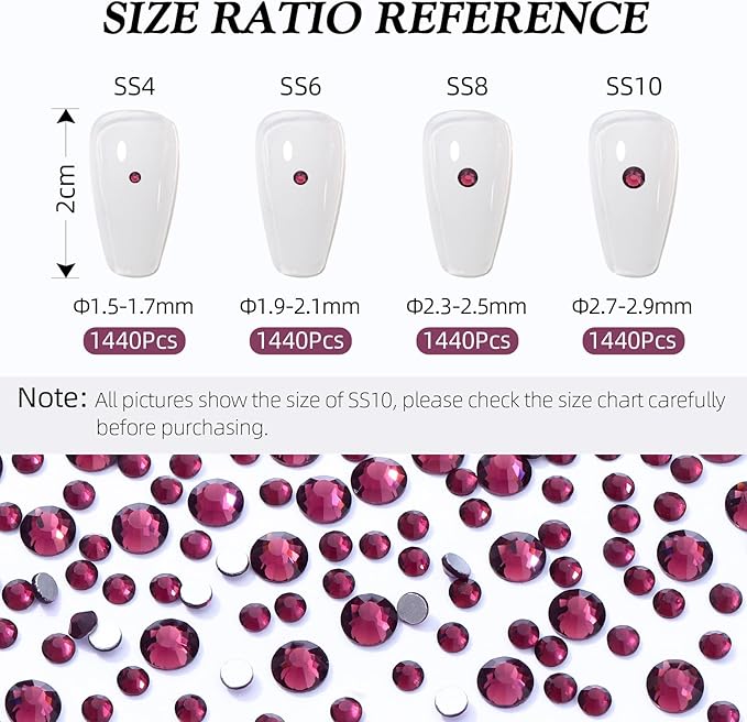 Purple Flatback Rhinestones, Glass Rhinestones for Nail Art and Craft, Glue Fix, Loose Crystal Gemstones(Purple, SS10, 1440pcs, 2.7-2.8mm)
