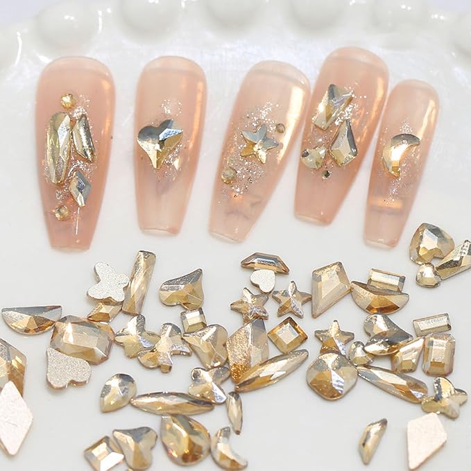 Champagne Nail Rhinestones Kit, 18 Types of 900 Special-Shaped Nail Diamonds + 3200 Flat-Bottomed Nail Rhinestones, 3D Nail Crystals DIY Crafts Gemstones for Nail