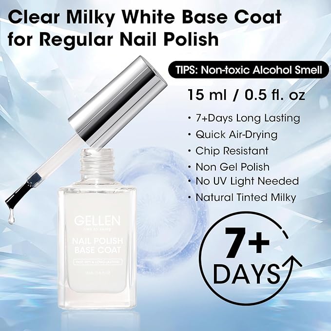 GELLEN Clear Nail Polish Base Coat Sheer Milky White, Calcium-Formula Regular Nail Polish Strengthens Nails, Enhances Nails Natural Look, Quick Air Dry, TPO & Hema Free, Non-toxic