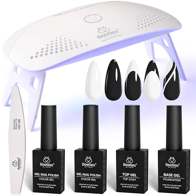 Beetles 2 Colors 8ML White Black Gel Nail Polish Kit with U V Light, 6 Pcs Gel Polish Set Classic DIY Manicure Kit with Base & Top Coat Nail File for Beginners Soak Off Gifts for Women Girls Teens