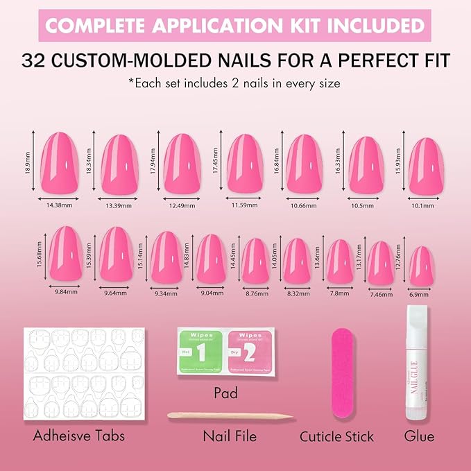 KQueenest Press On Nails Short - Mauve Pink Press On Nails Oval, 32 Pcs 16 Sizes Natural Short Fake Nails Press ons Almond, Reusable Opaque Glossy Gel Glue on Nail with Glue for Everyday Office Wear