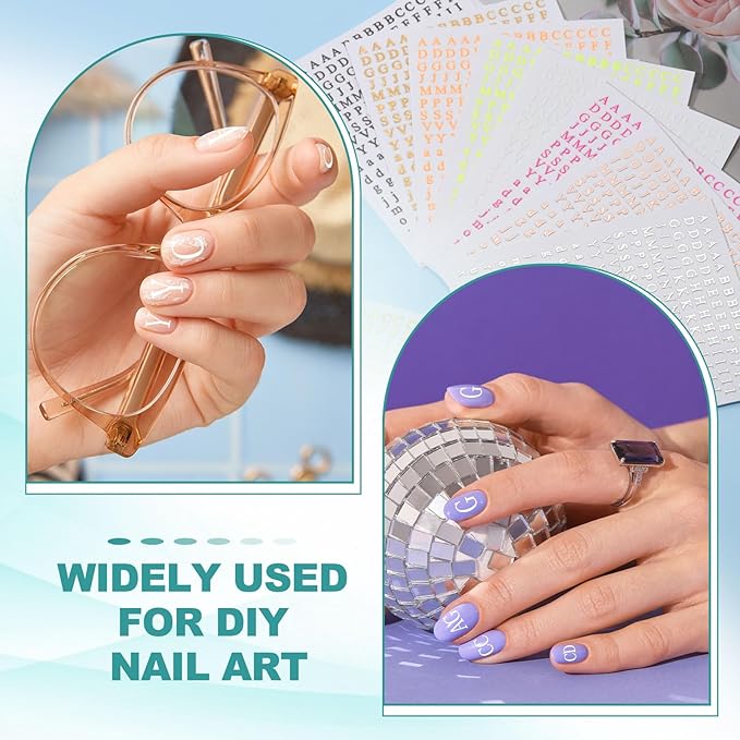 PATIKIL Letter Nail Stickers, 8 Sheet 3D Self-Adhesive English Letter Nail Decal Small Alphabet Art Sticker Metallic Fluorescence Design Manicure for Women DIY Decor, Laser Silver