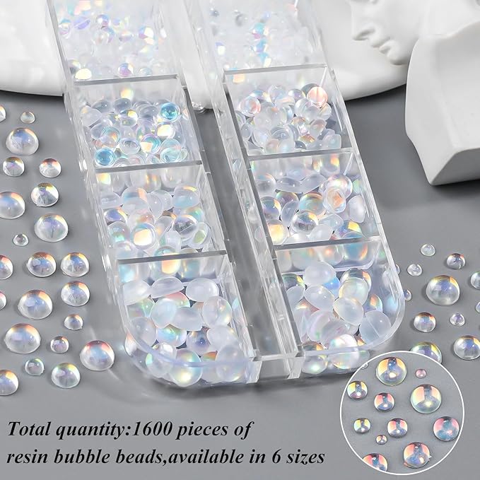 1600Pcs Half Round Resin Bubble Beads,2-6mm AB Colorful Flatback Pearls Beads,Mini Iridescent Crystals No Hole with Pickup Tools for Nail Charms Handmade Phone Case(16-K1-AB-bubble-beads)