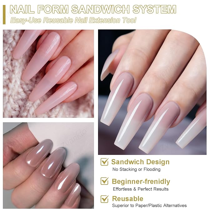 Sandwich Nails Dual Forms 240Pcs Long Almond Shape, Nail Extension Forms with 15 Sizes, Reusable Plastic Nail Mold for Builder Gel & Poly Gel, No Paper Forms Needed, Salon & Home DIY Nail Art