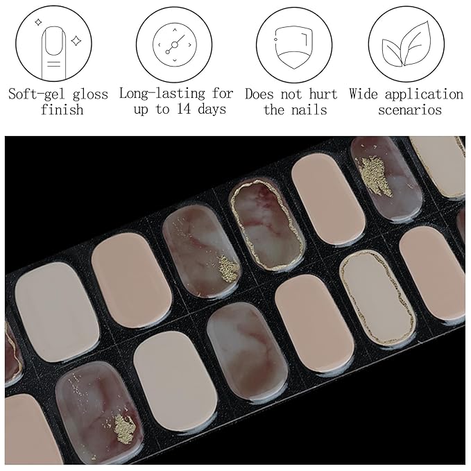 Gold Semi Cured Gel Nail Strips UV/LED Light Needed 20Pcs Cream Gel Nail Stickers with Design Glossy Marble Nails Polish Strips Full Polish Self Adhesive Nails Wraps for Women