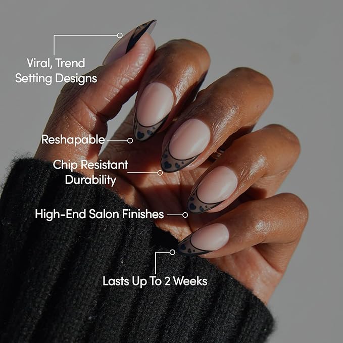 Valentines Day Glamnetic Press On Nails - Love Noir | Short Almond Fake Nails in Semi-Transparent Black French Tips with Opaque Outline and Heart Details | 15 Sizes - 30 Nail Kit with Glue