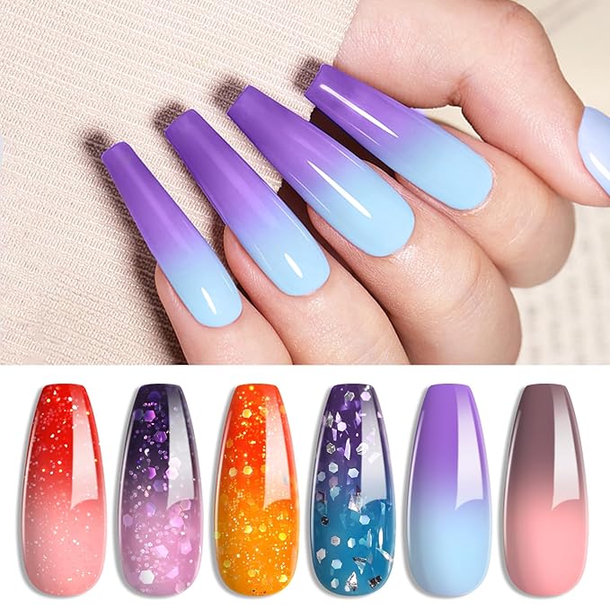 Born Pretty Color Changing Gel Nail Polish, 6 Colors Glitter Temperature Change Gel Polish Blue Pink Neon Long Lasting Nail Polish U V Set for Manicure and Nail Art, DIY at Home, Salon-Quality 7ml