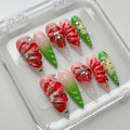 Luxury Press on Nails Long Stiletto Handmade 3D Unique Reusable ABS Material Fake Nails False Nails with Designs Red Floral Rhinestones Glossy Glue on Nail Thick Acrylic Nail(S)
