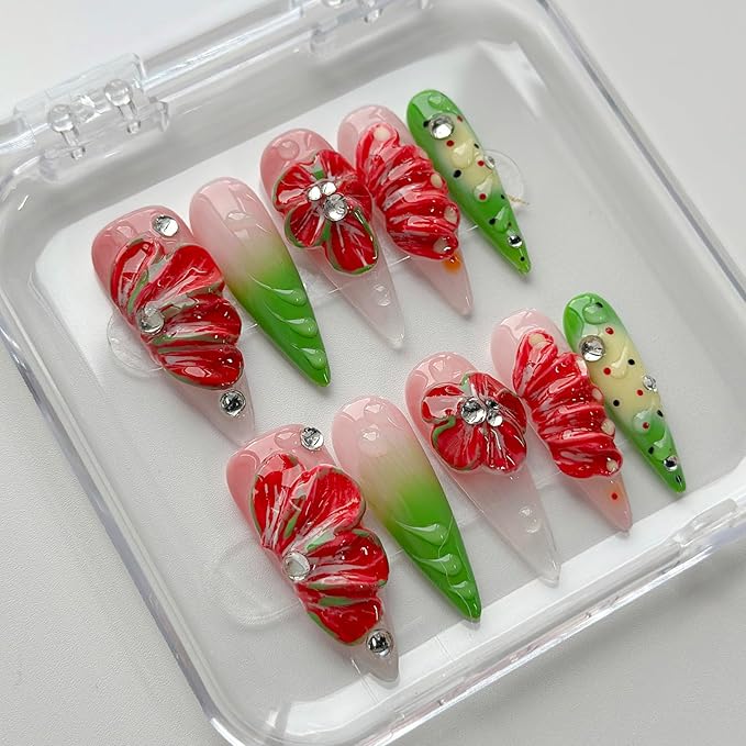 Luxury Press on Nails Long Stiletto Handmade 3D Unique Reusable ABS Material Fake Nails False Nails with Designs Red Floral Rhinestones Glossy Glue on Nail Thick Acrylic Nail(S)